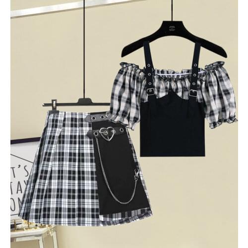 Summer Plaid Stitching Women Pleated Skirt Love Belt Chain High Waist JK Mini Skirts Off-shoulder Short-sleeved Two-piece Suit