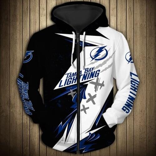Tampa Bay mens Casual 3D Zipper Hoodie Geometric Pattern Stitching Blue Lightning Print Lightning Sweatshirt