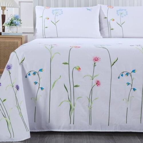 White embroidery Botanical Flowers Pattern flat Sheet Set Luxury soft 100% cotton bed sheet and pillowcase Twin Queen King size