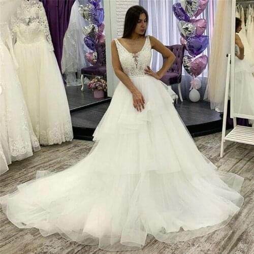 Real Wedding Dress V-Neck Appliques A-Line Custom Made Lace Top Wedding Gowns Backless White vestido de noiva sereia