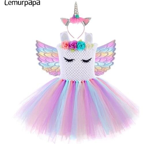 Rainbow Unicorn Clothes Girls Evening Dress Tutu Weekend Party Dresses Kids Cosplay Princess Dressing Angel Wings