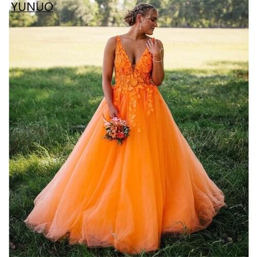 YUNUO V-neck Sleeveless Prom Dress with Appliques robes de soirée Tulle Formal Evening Ball Gown Dress vestido de fiesta de boda