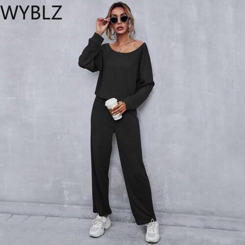 WYBLZ Casual Two Pieces Women Suit Sets 2021 Spring Solid Tops and Pants Female Suits O-neck Long Sleeve Shirt Trousers Sets
