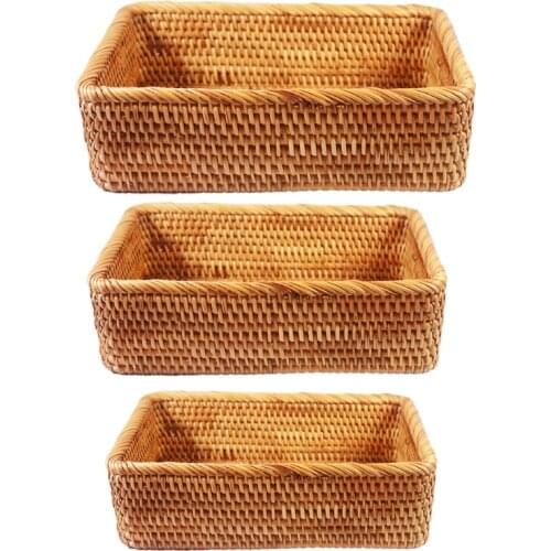 Rectangular Hand-woven Basket Rattan Candy Storage Picnic Tray Food Bread Dishes