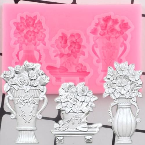 Flower Vase Border Silicone Mold Bouquet Fondant Cake Decorating Tools DIY Cupcake Topper Candy Clay Chocolate Gumpaste Moulds
