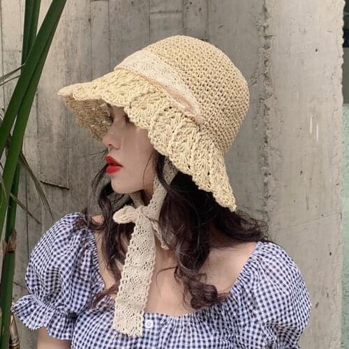 Handmade Weave Sun Hats for Women Ribbon Lace Up Large Brim Straw Hat Outdoor Beach Hat Summer Caps