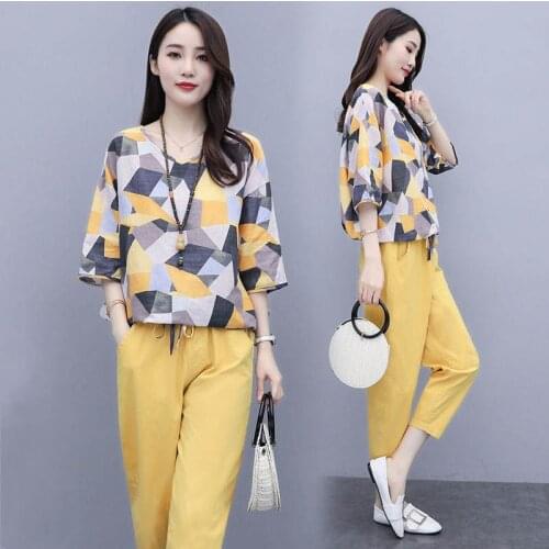 4XL Tracksuit Women Two Piece Set Summer Clothes Floral Print Blouse Top and Capri Pants Suits Casual Loose Womens Sets Outfits