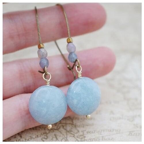 Light Blue Chalcedony Extra Smooth Coin & Periwinkle Rondelles Vintage Gypsy Earrings