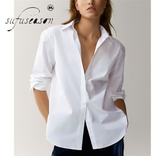Sufuseason Style Office Lady Simple Fashion Poplin Solid White Blouse Women Shirt Tops Vintage Long Sleeve button up shirt