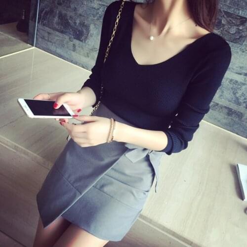 Fashion new arrival autumn korean basic t-shirt casual v-neck shirt OL lady sexy solid color wild knitted backless tee t-shirt