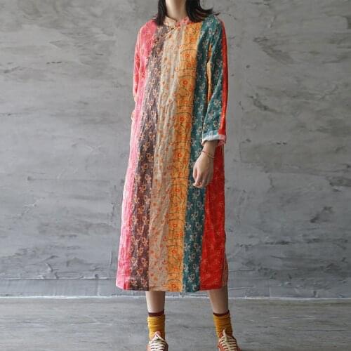 Johnature New Loose Comfortable Stand Button Floral Print Long Sleeve Dress 2021 Autumn Fashion Retro Cotton Linen Women Dresses