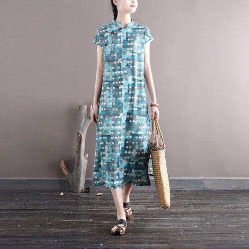 Johnature Women Polka Dot Cotton Linen Dress Stand Short Sleeve Button Vintage Cheongsam 2021 Summer New A-line Female Dress