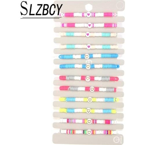 12 pcs/set Acrylic Heart Charm Bracelets For Women Handmade Soft Clay Beaded Bracelet Set Elastic Rope Fashion Bracelet Gift