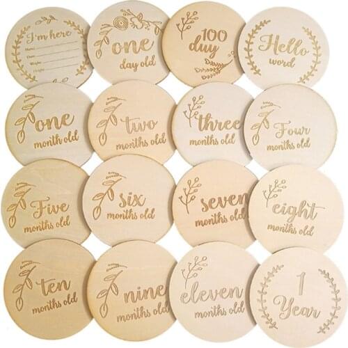 16 Pcs Newborn Milestone Blocks Wooden Commemorative Baby Birth Monthly Recording Cards Infant Photography Props
