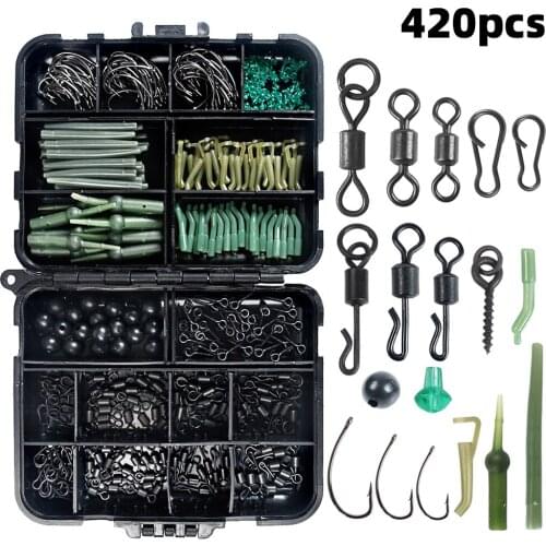 420Pcs/Box Carp Fishing Tackle Kit Including Swivels Hooks Anti Tangle Sleeves Hook Stop Beads Boilie Bait Screw Accessories