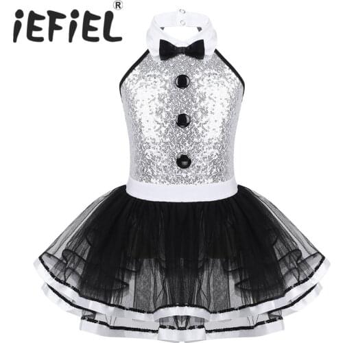 Sequins Girls Ballet Tutu Dress Girls Child Turn-Down Collar Modern Dance Costume Professional Button Performance Tutu Clothes
