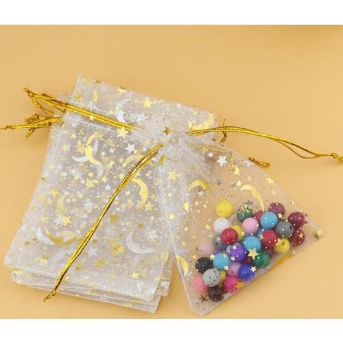 Free Shipping! 100pcs/lot 9*12cm White with gold Printed Star&Moon Organza Bags Drawstring bags Beads Pack Gift Pouches