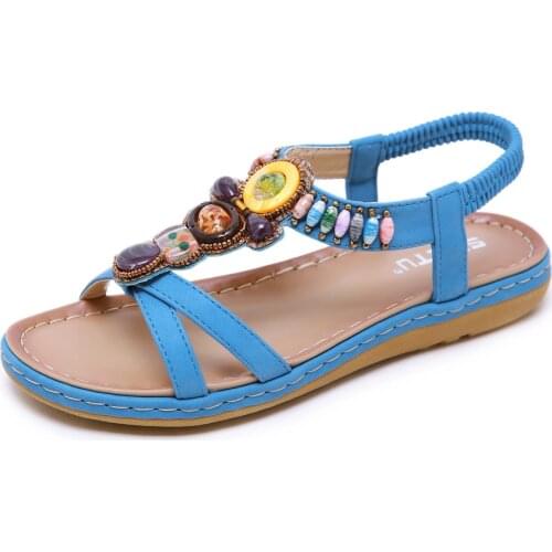Korean Fashion Slip-on Ethnic Women Sandals Bohemian Retro Exquisite Beaded Beach Shoes Flats Elastic Back Strap Summer Shoe