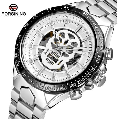 Fashion Forsiining Brand Steampunk Skull Auto Mechanical Watch Men Black Stainless Steel Skeleton Dial Cool Design Wrist Watches