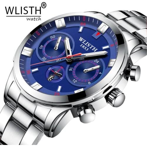 WLISTH Man Watches Men Stainless Steel Wrist Watch Genuine Brand Quartz Clock Waterproof Wristwatch Simulate Three Eyes Relogios