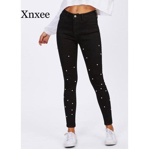 Black Pants Long Women Black Jeans High Waist Pearl Beaded Jeans For Women Casual Skinny Butt Push Up Jeans Denim Pencil Pants