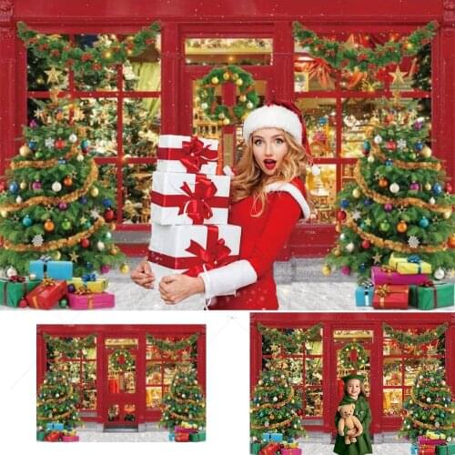 2021 Christmas Backdrop Winter New Year Holiday Gifts Shop Store Xmas Tree Wreath Red French Window Party Background Photo Booth