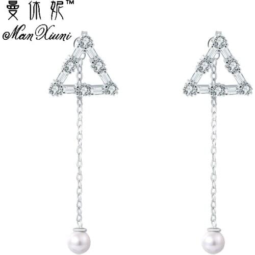 Rhinestone Triangle Long Tassle pearls with Zircon Stone Rhinestone jewelry Birthday gifts bijoux all match