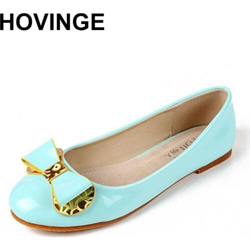 HOVINGE 2020 candy color round toe flat shoes ladies japanned leather single knot shoes shine ballerinas