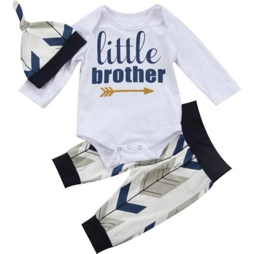 FOCUSNORM Newborn Baby Boys Girl Set Print Letter LITTLE BROTHER Tops Romper Long Sleeve Pants Outfits 3PCS