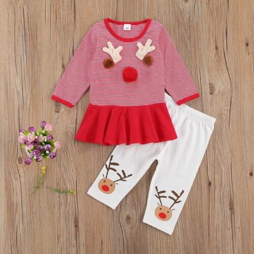 2 Pieces Baby Suit Set Christmas Elk Embroidery Round Neck Long Sleeve Striped T-Shirt+Trousers Autumn Winter Clothes