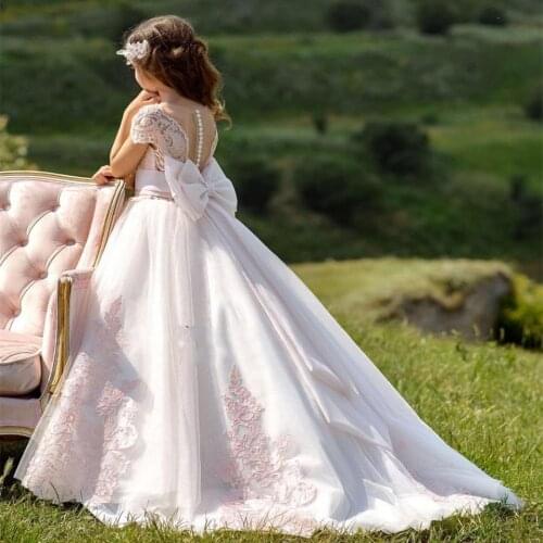 Lovely Pink Lace Applique Flower Girl Dresses Holy Communion Short Sleeve Pageant Birthday Party For Big Bow Party Dresses