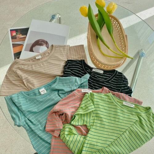 2021 Summer New Childrens T Shirt Casual Cotton Boys Girls Short Sleeve T Shirt Kids Korean Style Striped Tshirts Baby Clothing