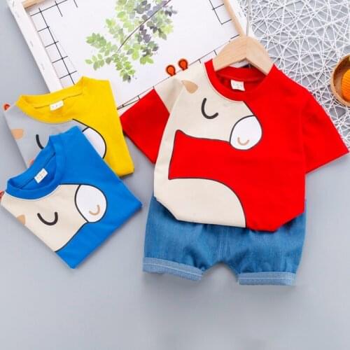 Summer Boys Clothes Baby Boy Two-pieces Sets Giraffe Printing Pullover T-shirt Top Denim Short Casual Clothing Suit