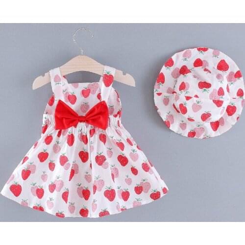 Hot Selling Summer Sweet Baby Girl Dress Kids Dresses for Girls 2 Pcs Bow Strawberry Print Sleeveless Girls Dresses+hat 0-24M