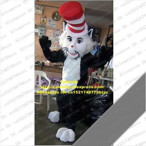 Cute Black The Cat In The Hat Mascot Costume Mascotte Kitten Moggie With Black Eyes White Red Tall Hat Adult No.1842 Free Ship