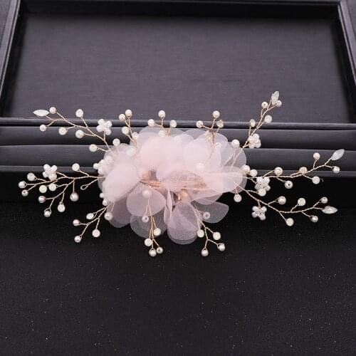 Trendy Wedding Hair pins Pink Flower Pearl Crystal Bridal Headpiece tiara Women Hair Jewelry Wedding Hair Accessories