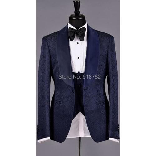 Costume Homme 2018 Latest Designs 3 Pieces Tuxedo Groom Wedding Suits Groomsman Navy Blue Coat Black Pant Paisley Suit Men