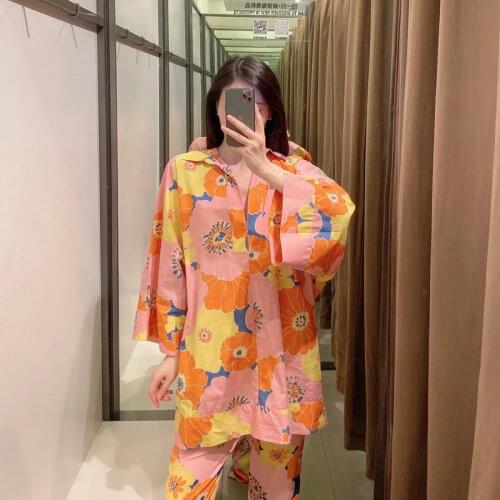 Za New Spring Women Super Loose Retro Printing Simple Style Long Sleeve Shirt And High Waist Casual Pants Chic Tops XITIMEAO