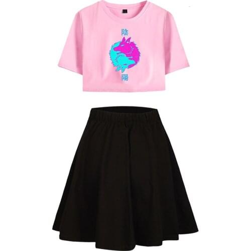 Vaporwave Print T-shirt Sets Girls Dew Navel Tshirt Short Skirt Suit Summer Women Tshirt Pleated Skirts Sets Sweet Fashion Skirt