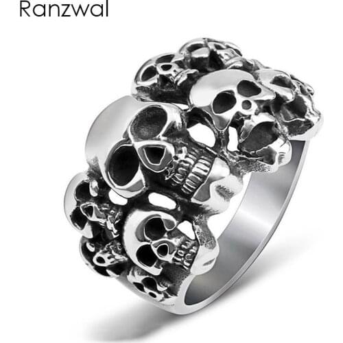 Ranzwal Gothic Skull Skeletons Finger Rings for Men 316L Stainless Steel Rings Punk Jewelry US SIZE 8~14