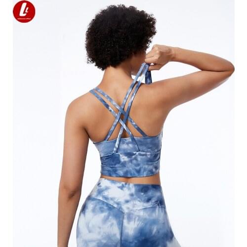 LULUBANANA TIE DYE Cross Strap Fitness Sports Bras Top Women Longline Padded Push Up Mid Support Gym Workout Crop Top Yoga Bras