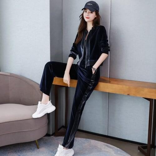 Velour Tracksuit Autumn Winter 2019 New Fashion Velvet Sweatsuit Zipper Side Stripe Wide Leg Pants And Top Two Piece Set AA4994
