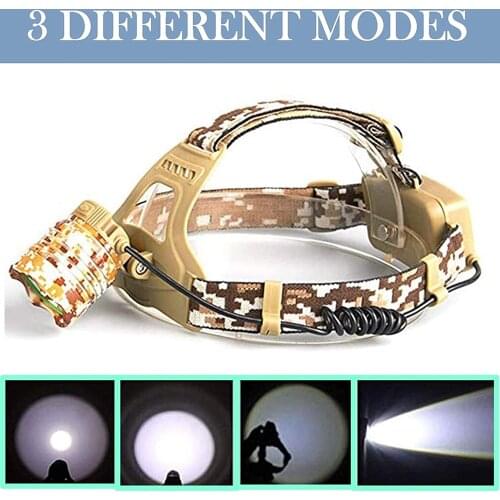 Waterproof LED Headlamp Powerful Camouflage Headlight 3 Modes Rechargeable Camping Hiking Fishing Light Using 18650 Battery