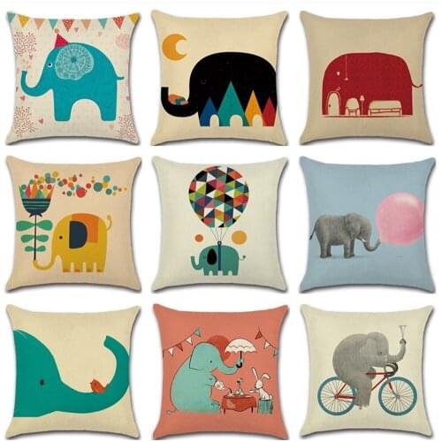 YWZN Cute Cartoon Elephant Pillow Case Cotton Linen Elephant Printing Pillow Case Decorative Pillowcases funda de almohada