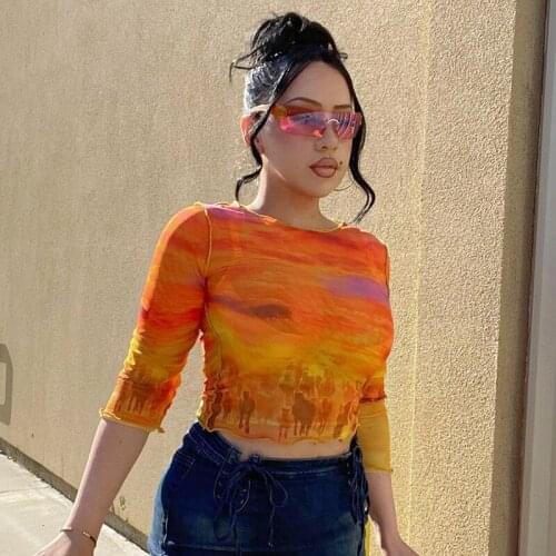 Women’s T-shirts Half Sleeve Fashion Printing Mesh Yarn Round Neck Exposed Navel Crop Tops Ladies Sexy Street Stylish Pullovers