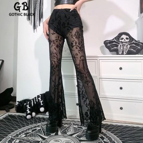 Gothblack Women Sexy Lace Perspective Flare Pants Fashion Mesh High Wasit Slim Trousers Summer Bohemian Casual Party Club Outfit