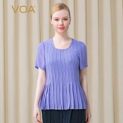 VOA Double-layer Silk Light Purple Round Neck Crocheted Fold Collage Commuter Skirt Breathable Short-sleeved T-shirt Women BE533