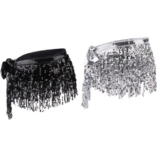 2x Women Fashion Belly Dancing Hip Scarf, Wrap Skirt, Sequins Tassel Belly Chain