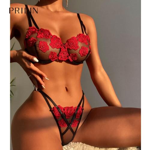 Women Sexy Lingerie Sets Red Rose Lace Push Up Underwire Bras Sex Panties Transparent Erotic Costumes Sensual Underwear