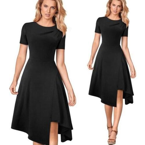 European Style Summer Women Vintage Solid Short Sleeve Office Lady Elegant Dress Casual High Waist O-neck Asymmetrical Dress